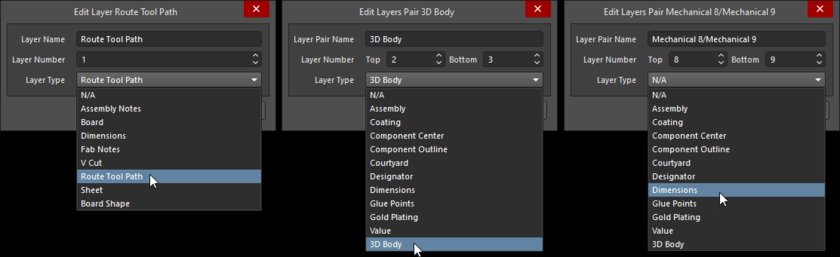 Select the Layer Type from the pre-defined list of Types; individual mechanical layers are shown on the left; Component Layer Pairs are shown in the middle and a new Component Layer on the right.